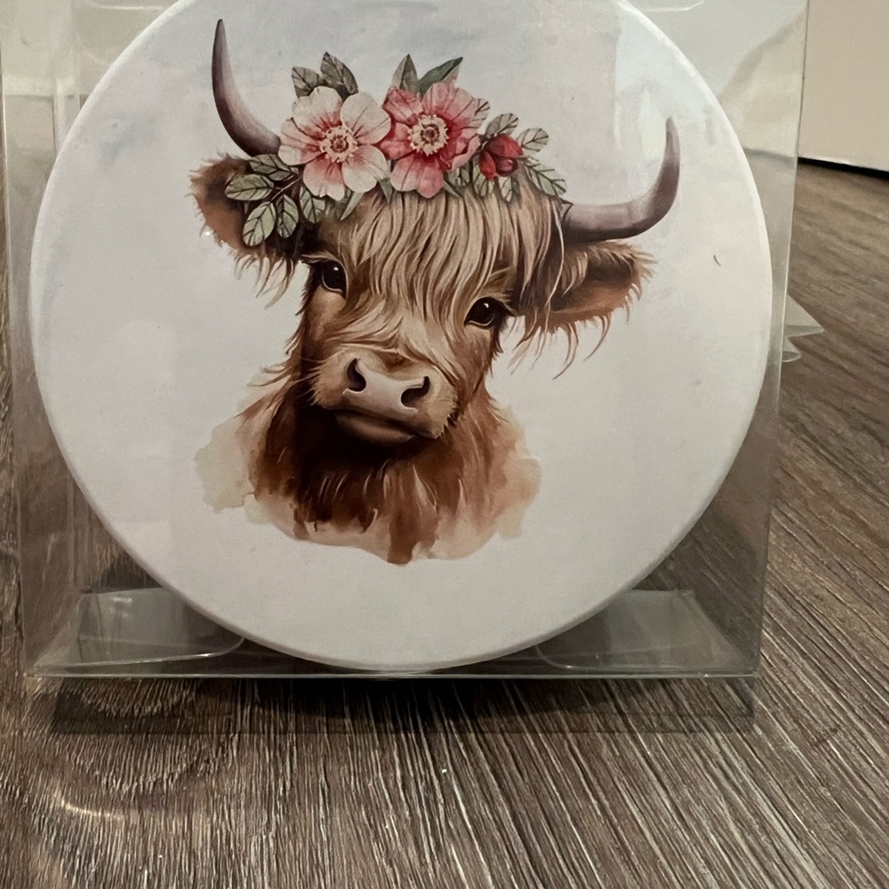 Adorable Floral Highland Cow Coasters- Set of 4- NWT